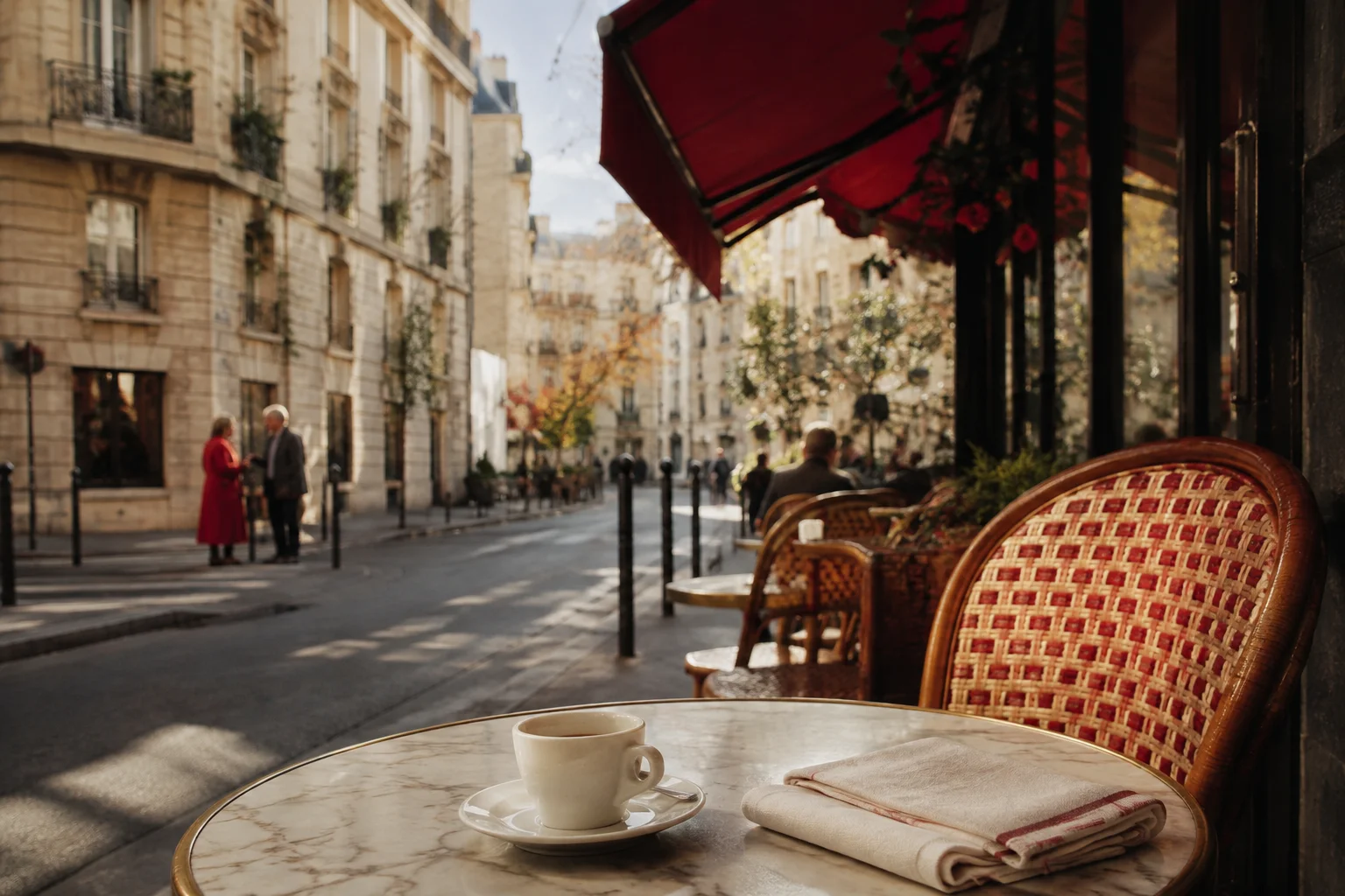 Sunlight on a Parisian café terrace, with a little table ready for a coffee and a conversation