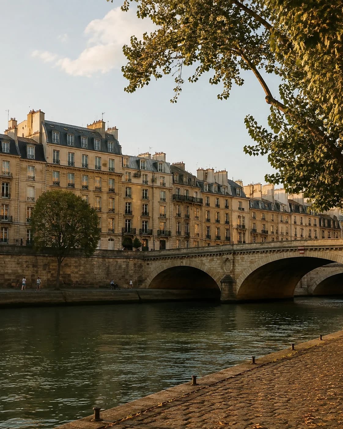 Golden evening light over the Seine and Parisian riverfront